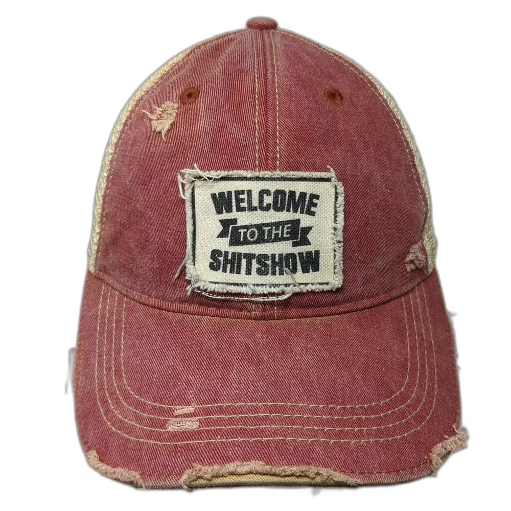 Headmost Red Beige Trucker Hat One Size Welcome To The Shitshow Distressed Patch